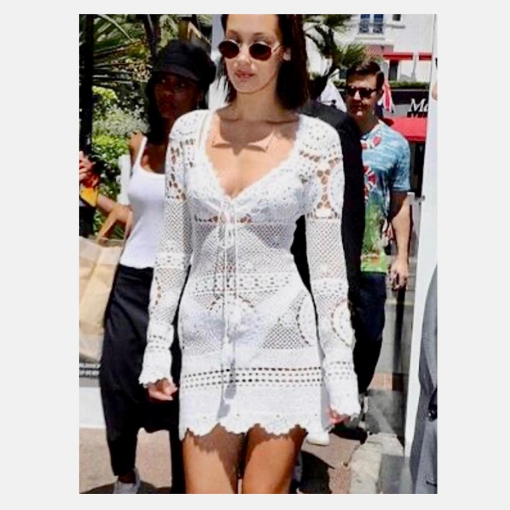 Rat & Boa Desert Rose Dress White Crochet Lace Up Front Boho Mini Long Sleeve